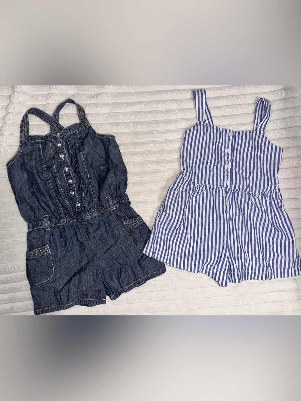 Girls' Blue Denim and Blue-White Stripe Romper Set